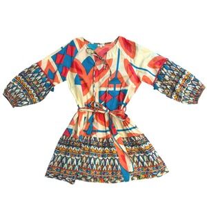 Modaposa Womens Cotton Geometric Tribal Print Tassel Mini Dress Blue Orange L